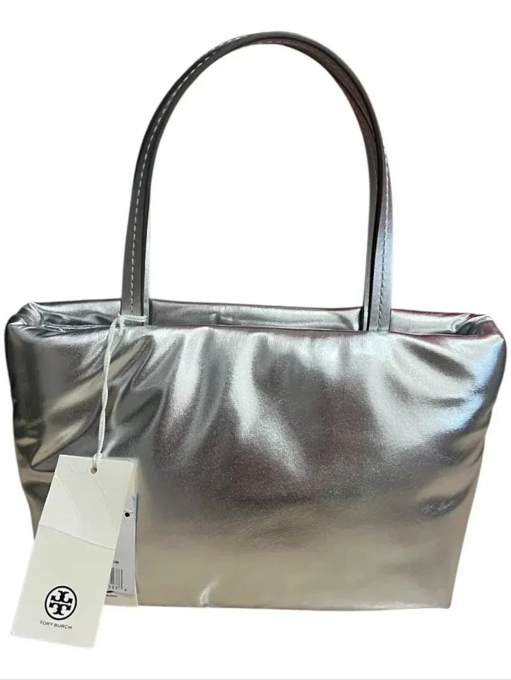 Tory Burch Britten Metallic Puffy Mini Tote Silver Crossbody New